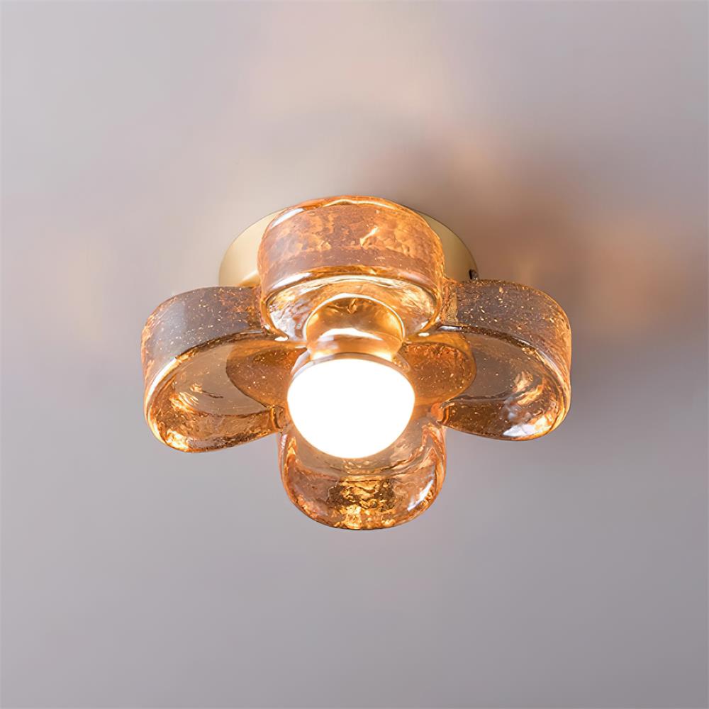 Lampe Plafond avec Pétales de Trèfle en Verre Ambre et Laiton Style Scandinave