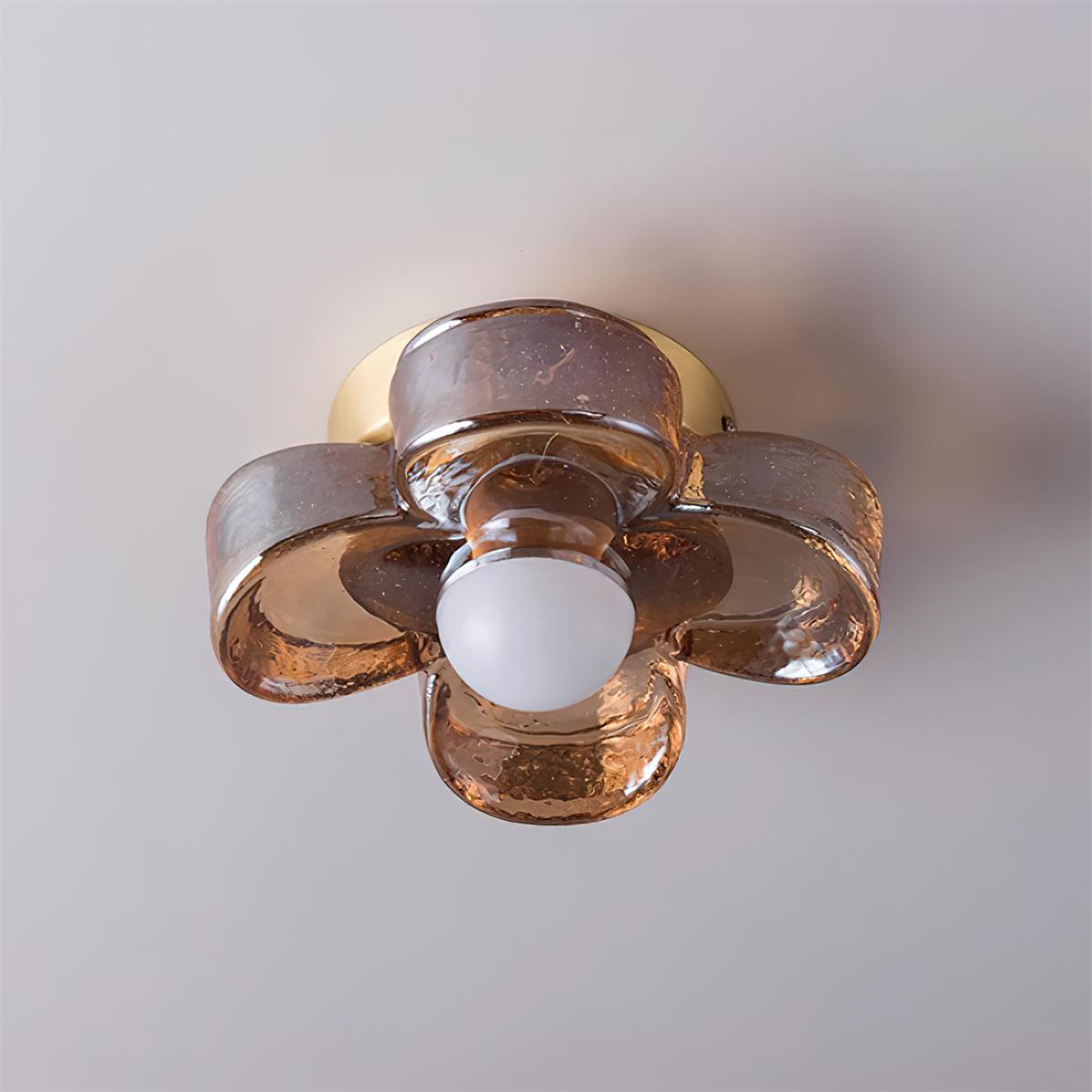 Lampe Plafond avec Pétales de Trèfle en Verre Ambre et Laiton Style Scandinave
