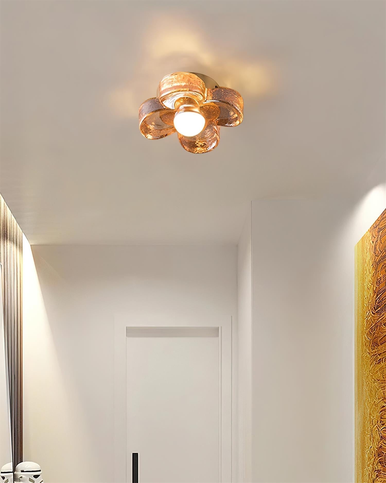 Lampe Plafond avec Pétales de Trèfle en Verre Ambre et Laiton Style Scandinave