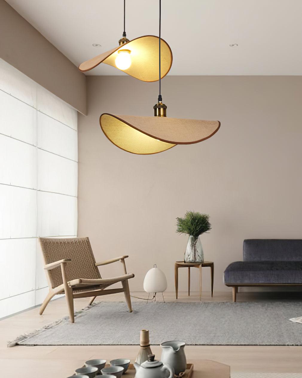 Aira Suspension Lampe Abat-jour en lin Bois Organique Sculptural