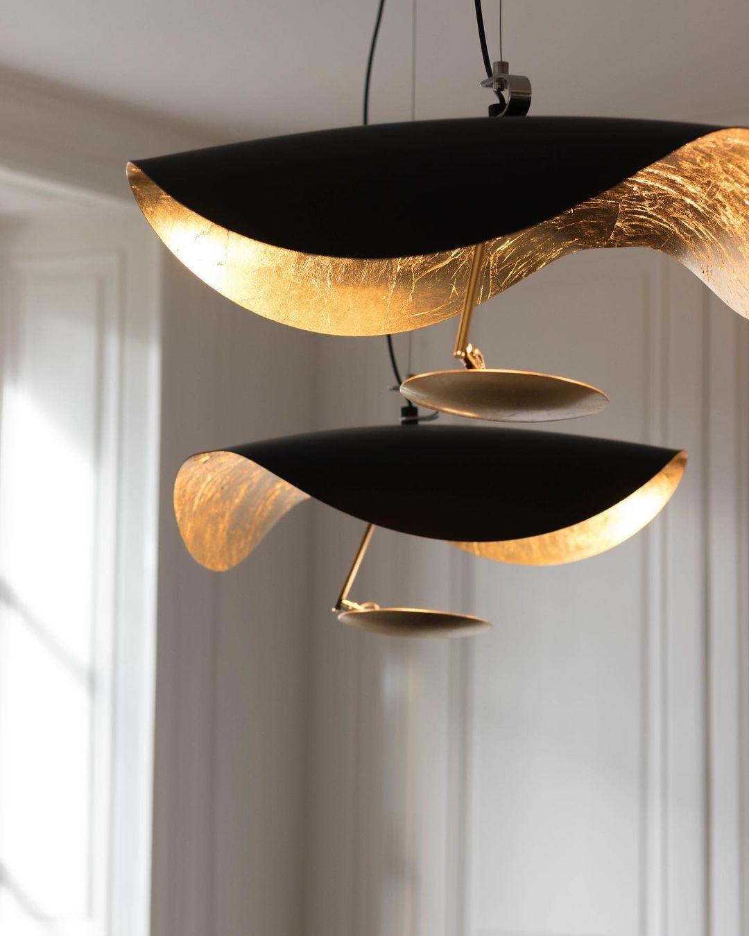 Lustra Suspension Lampe Abat-jour Courbé Noir et Or