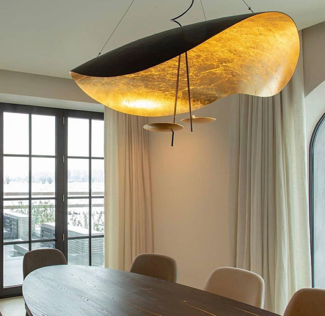 Lustra Suspension Lampe Abat-jour Courbé Noir et Or