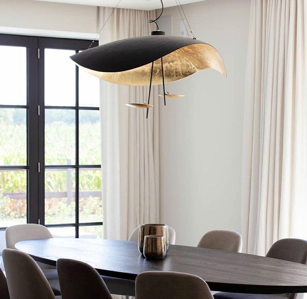 Lustra Suspension Lampe Abat-jour Courbé Noir et Or