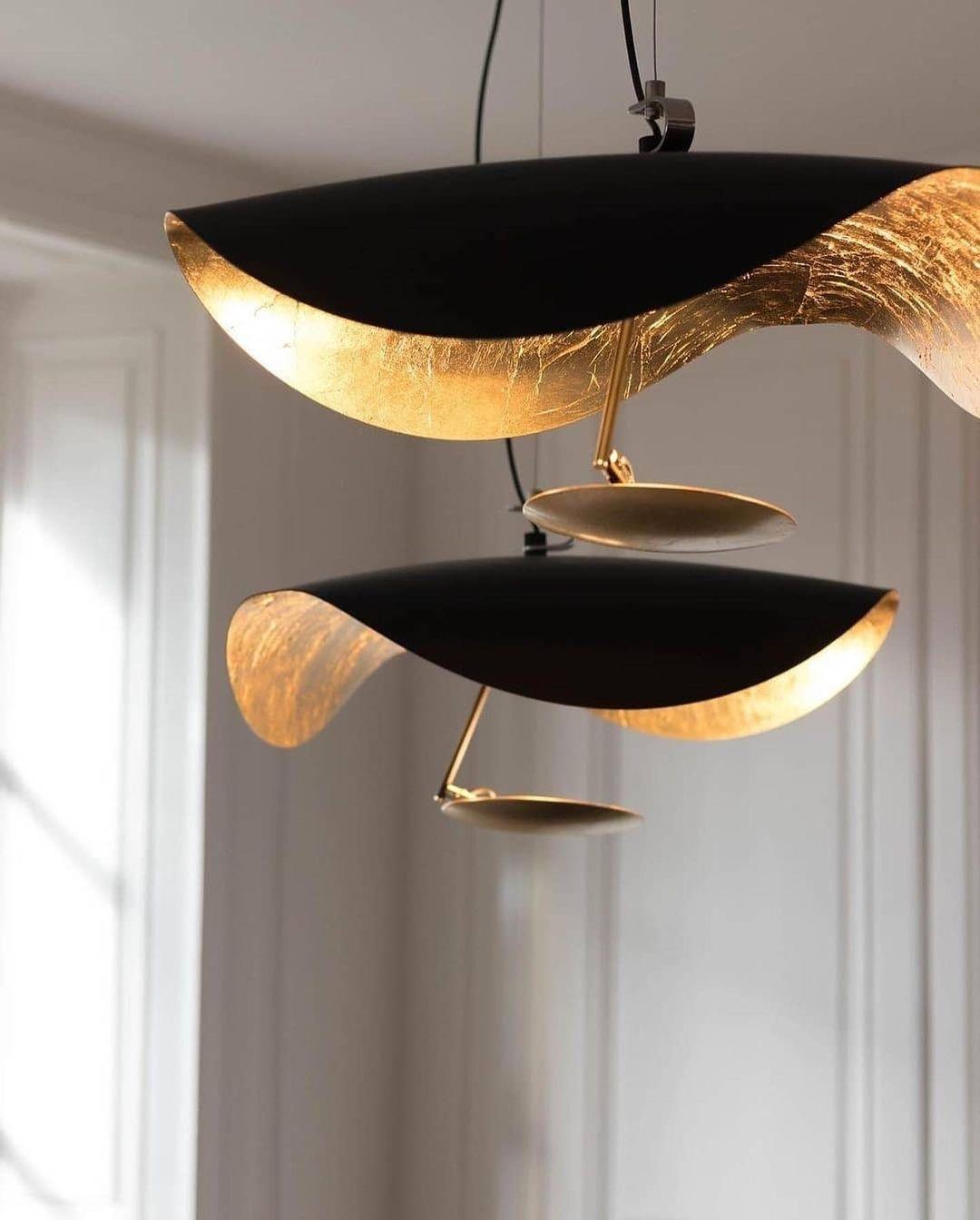 Lustra Suspension Lampe Abat-jour Courbé Noir et Or
