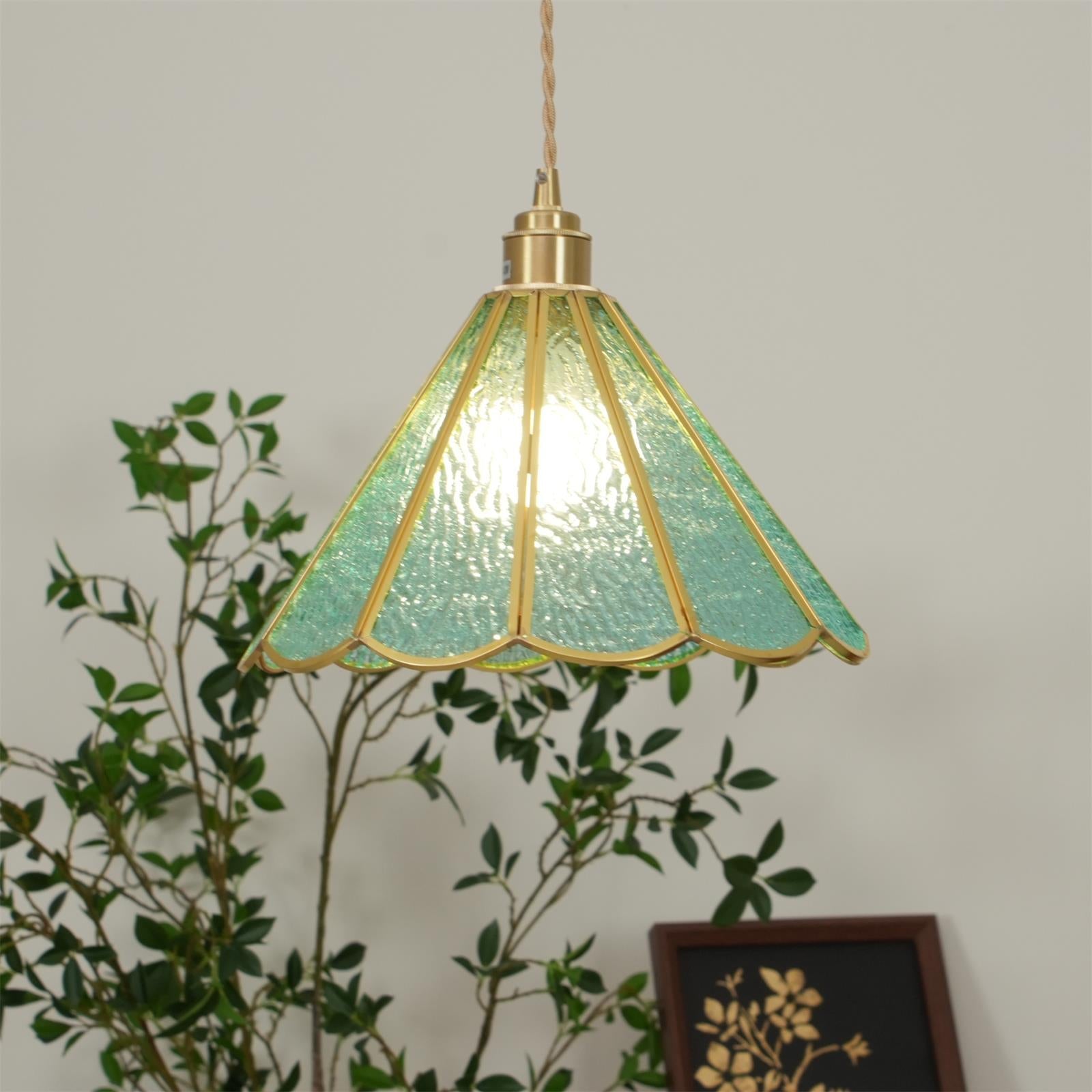 Suspension en Verre Bleu Texturé et Laiton Festonné Art Nouveau