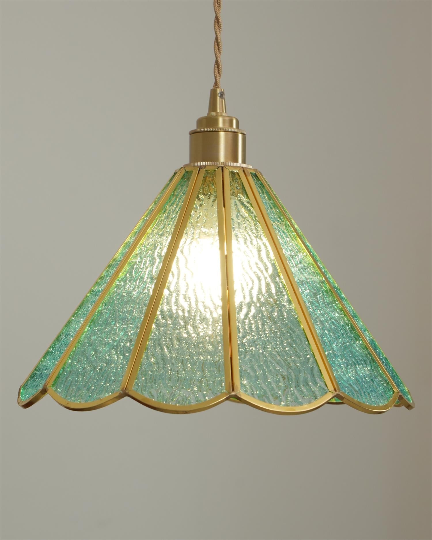 Suspension en Verre Bleu Texturé et Laiton Festonné Art Nouveau