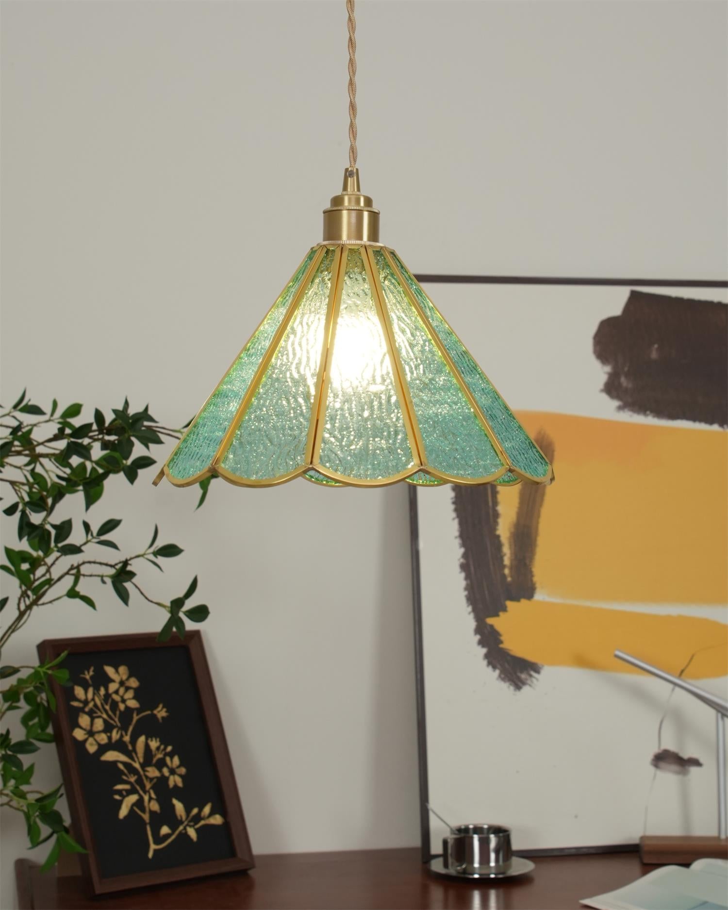 Suspension en Verre Bleu Texturé et Laiton Festonné Art Nouveau