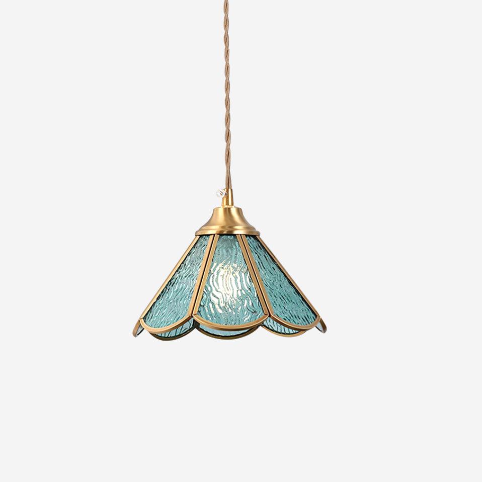 Suspension en Verre Bleu Texturé et Laiton Festonné Art Nouveau