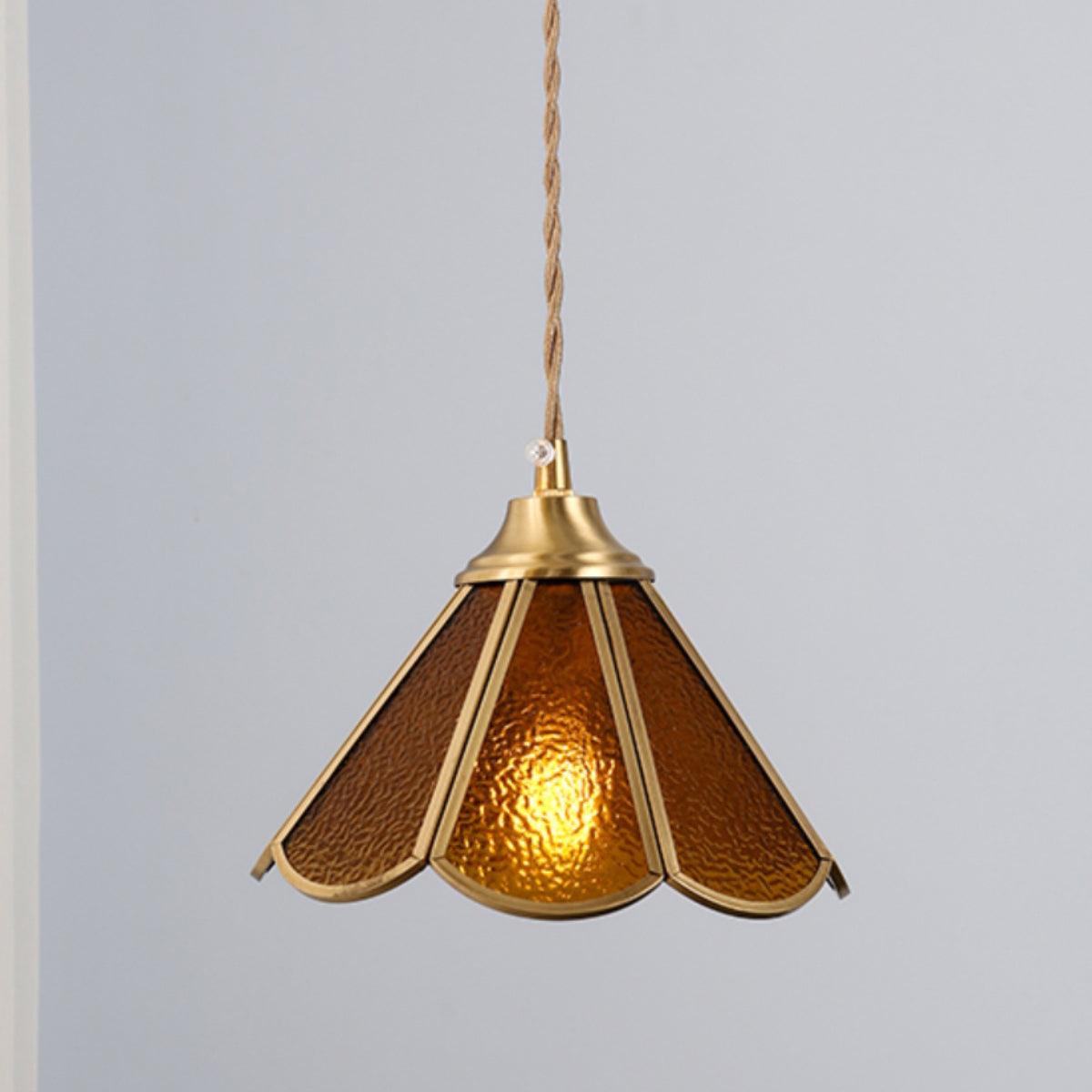 Suspension en Verre Bleu Texturé et Laiton Festonné Art Nouveau