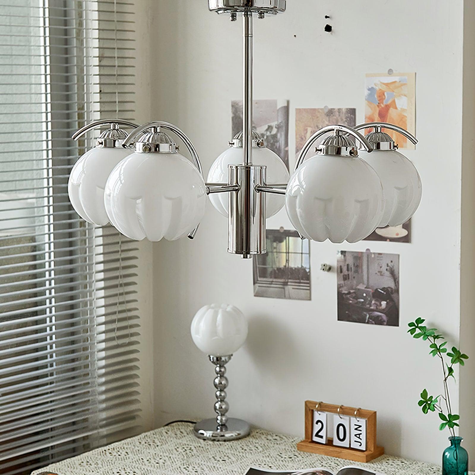 Lustre Bras Courbés en Chrome avec Abat-jours en Globe Givré
