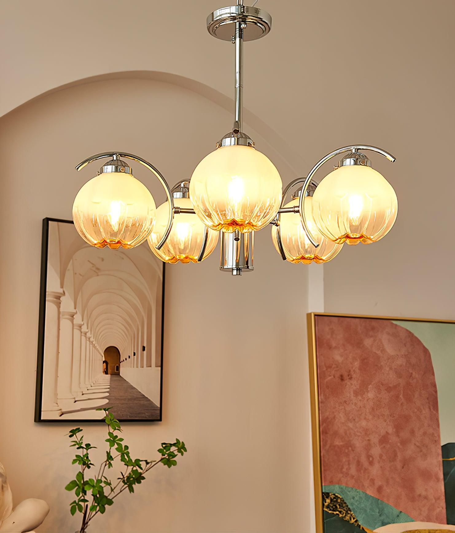 Lustre Bras Courbés en Chrome avec Abat-jours en Globe Givré