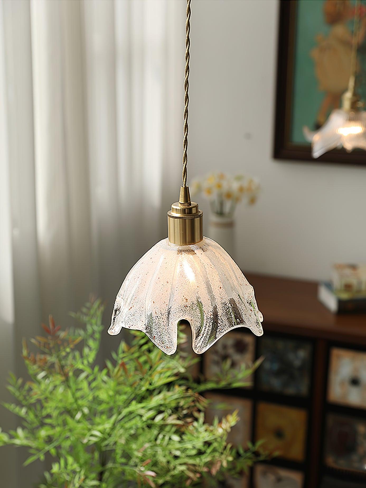 Solara Suspension en Laiton Verre Froissé Lotus Vintage