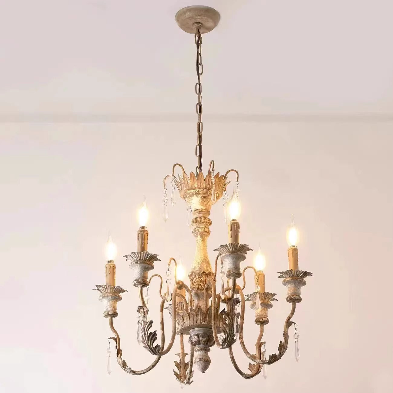 Elmarisra Lustre Métal Bois Massif Sculpté Luxe Vintage