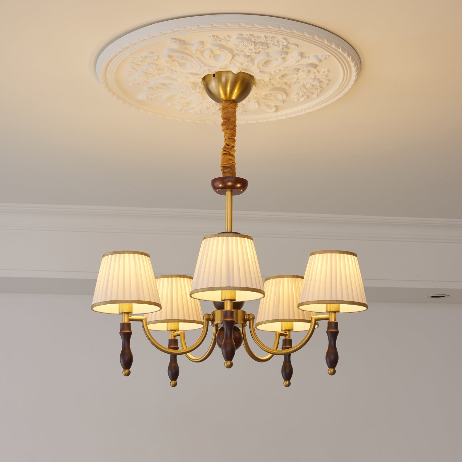 Lustra Lustre Abat-jours Floraux et Noyer