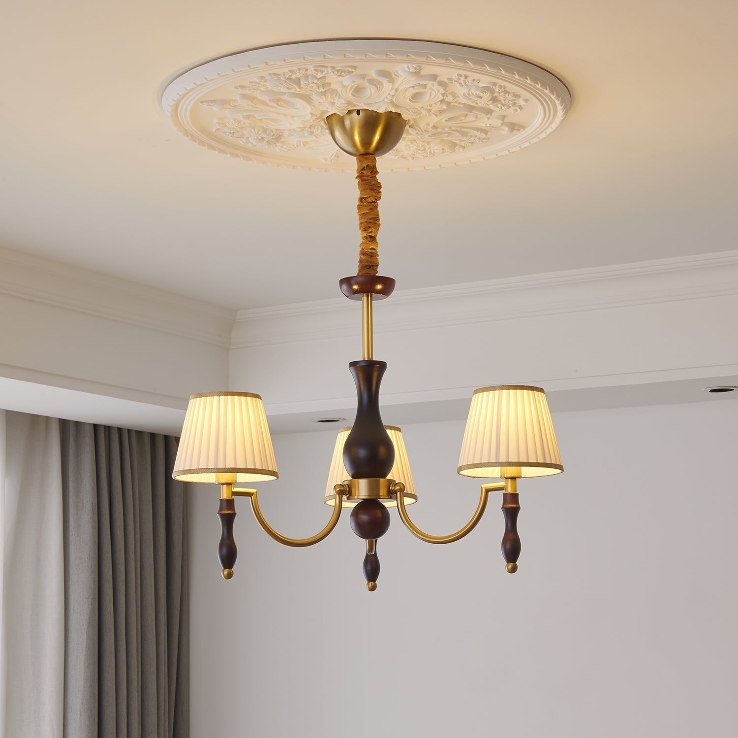Lustra Lustre Abat-jours Floraux et Noyer