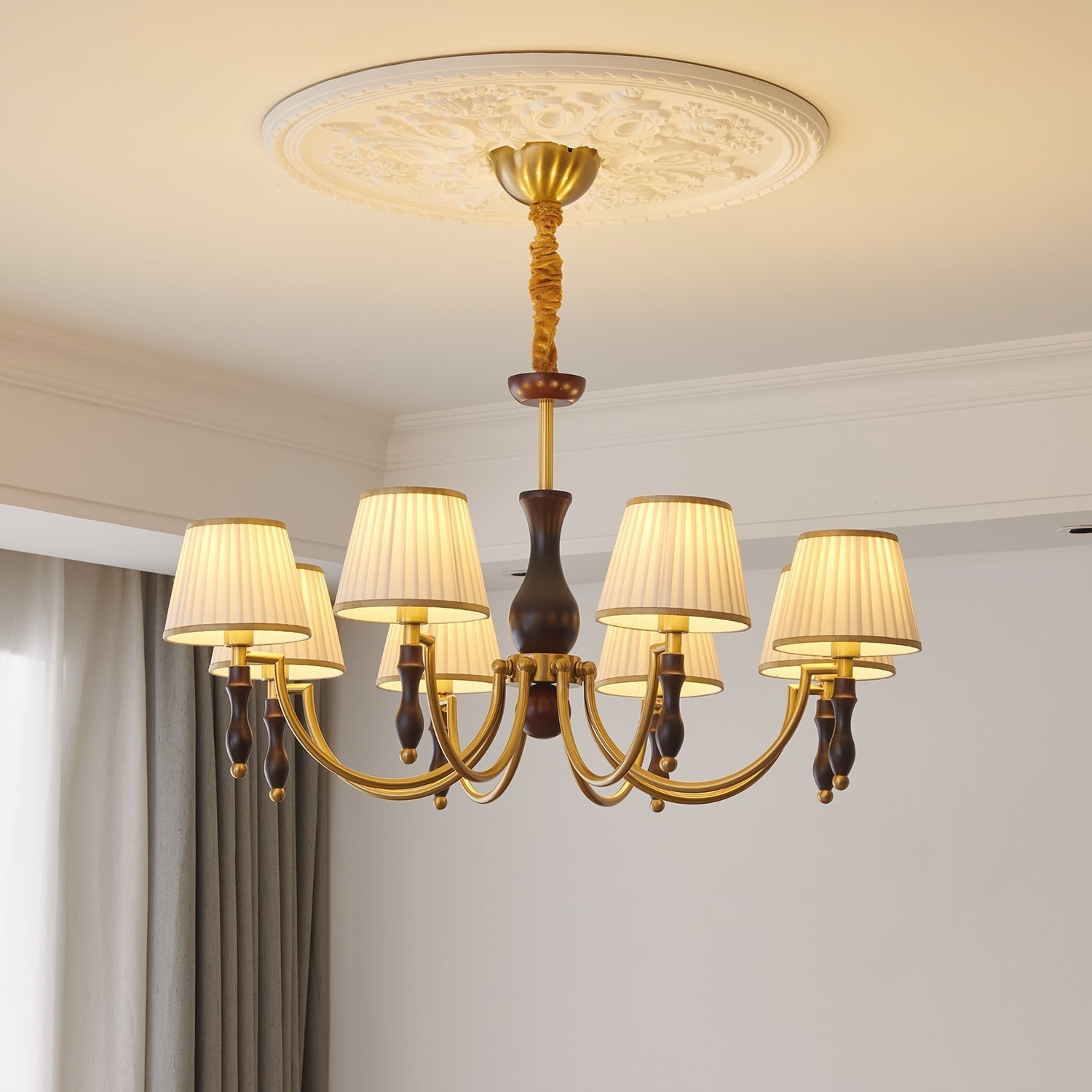 Lustra Lustre Abat-jours Floraux et Noyer