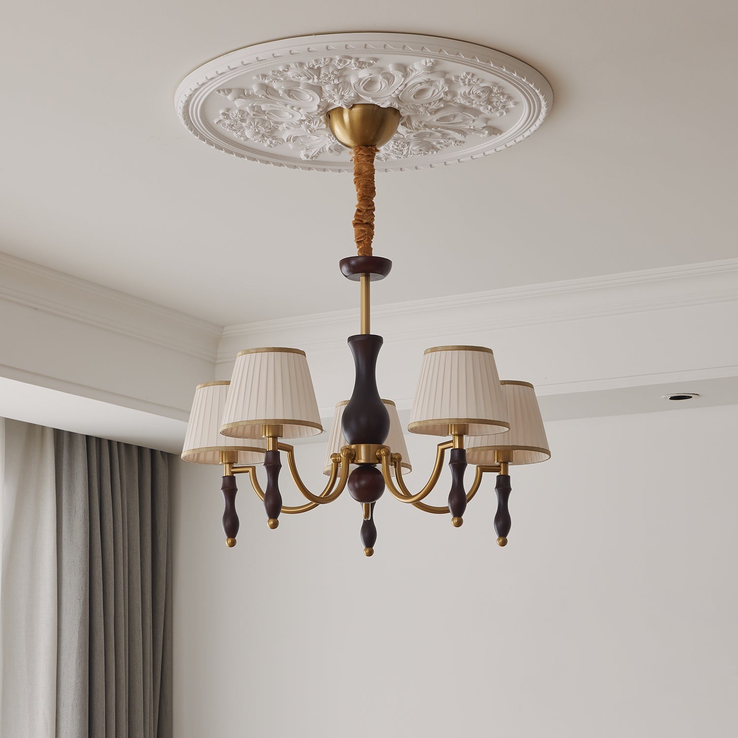 Lustra Lustre Abat-jours Floraux et Noyer