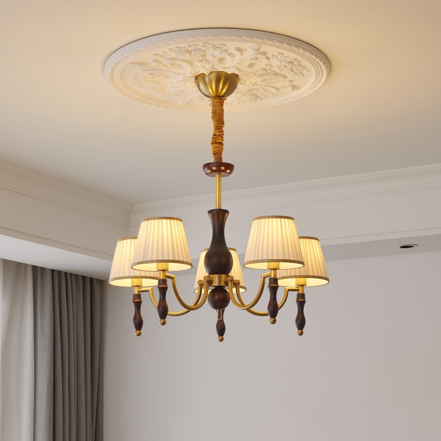 Lustra Lustre Abat-jours Floraux et Noyer