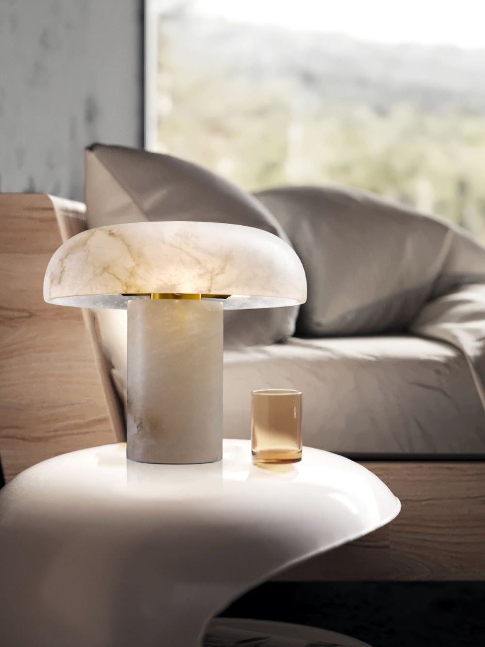 Virelli Lampe de Table Abat-jour en Albâtre Champignon Base en Laiton Sculpturale Chaleureuse