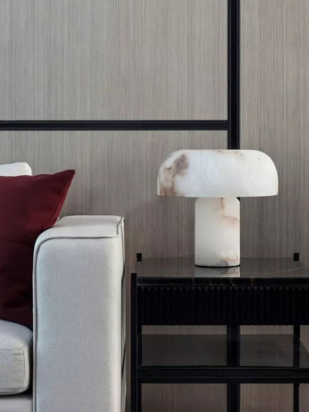 Virelli Lampe de Table Abat-jour en Albâtre Champignon Base en Laiton Sculpturale Chaleureuse