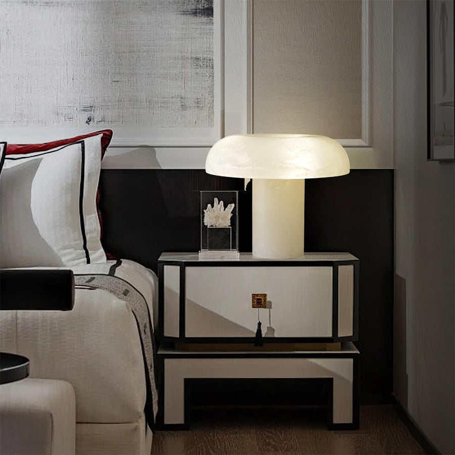 Virelli Lampe de Table Abat-jour en Albâtre Champignon Base en Laiton Sculpturale Chaleureuse