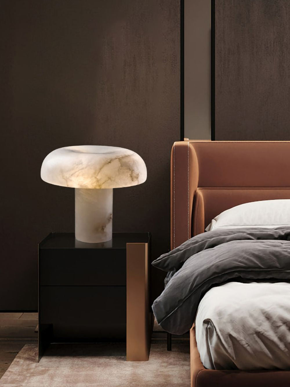 Virelli Lampe de Table Abat-jour en Albâtre Champignon Base en Laiton Sculpturale Chaleureuse