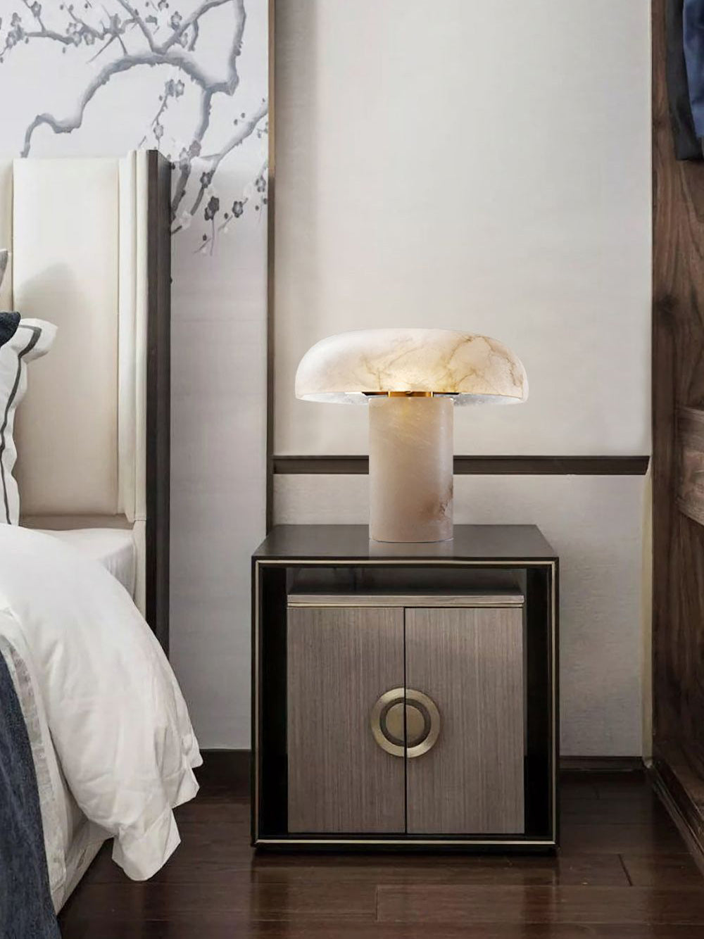 Virelli Lampe de Table Abat-jour en Albâtre Champignon Base en Laiton Sculpturale Chaleureuse