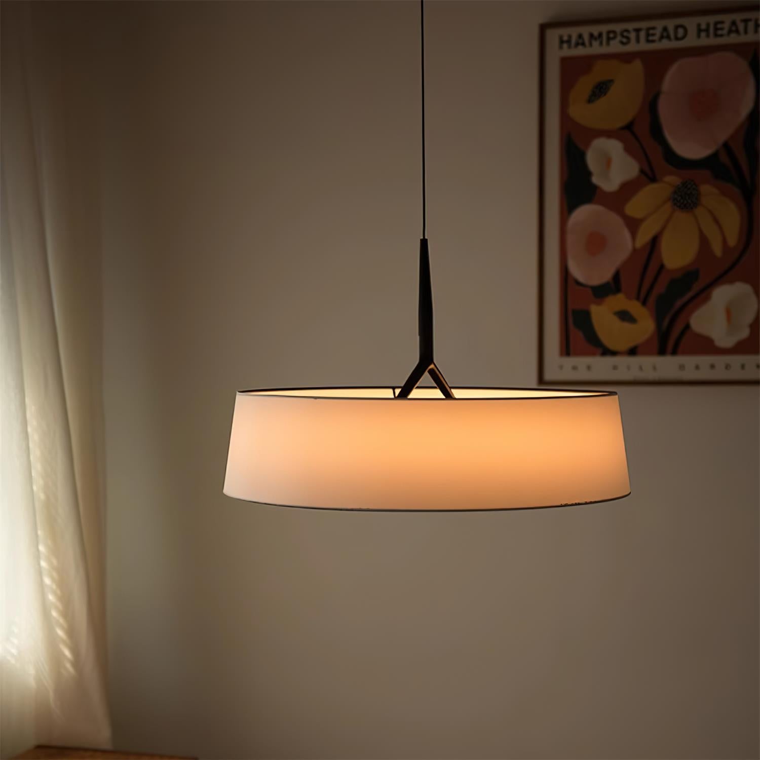 Virelli Suspension Abat-jour en Tissu Blanc Tambour Tige Noire Élégante Moderne