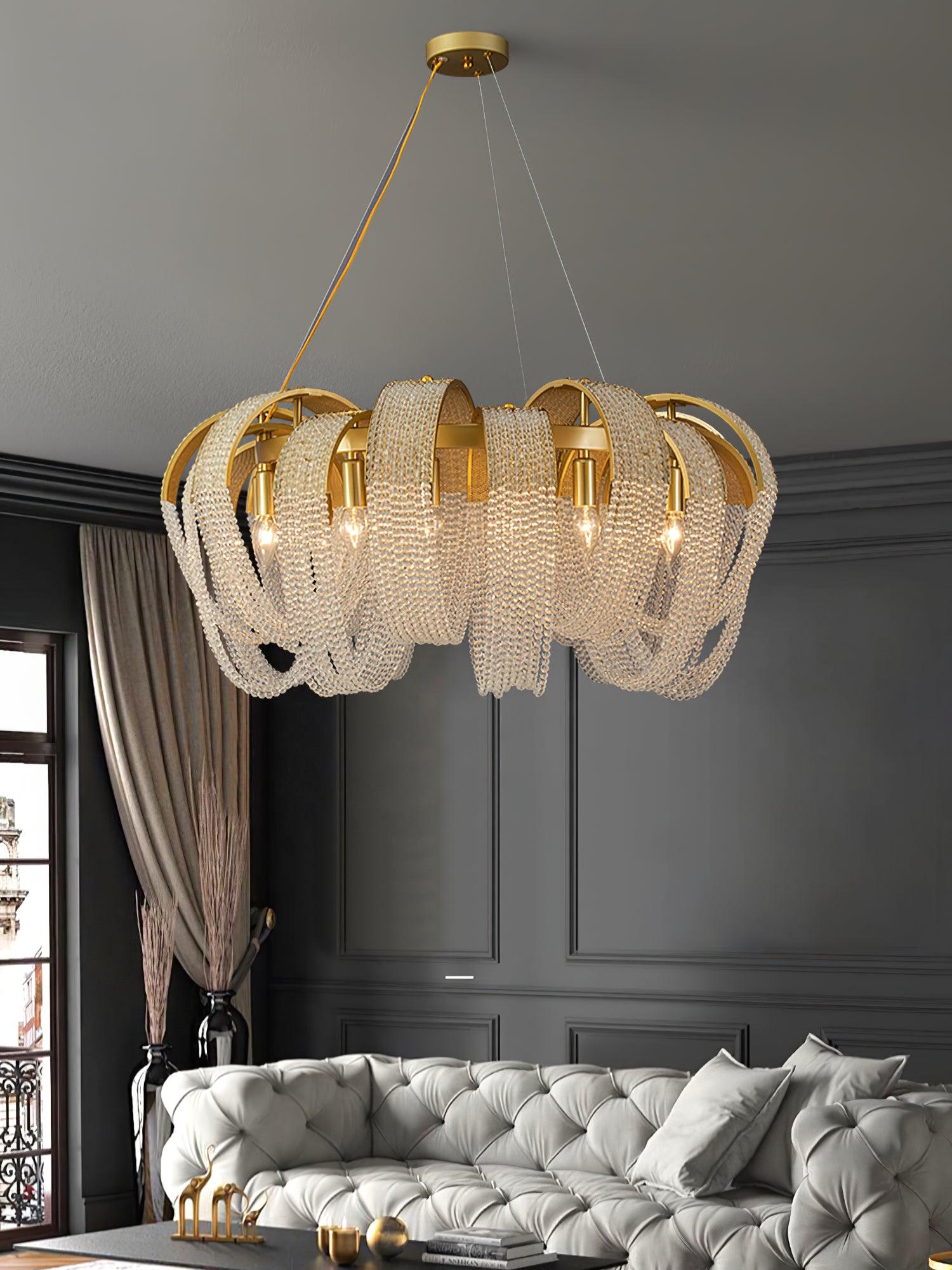 Lustra Lustre Maille Cristal Doré Cascade Scintillante