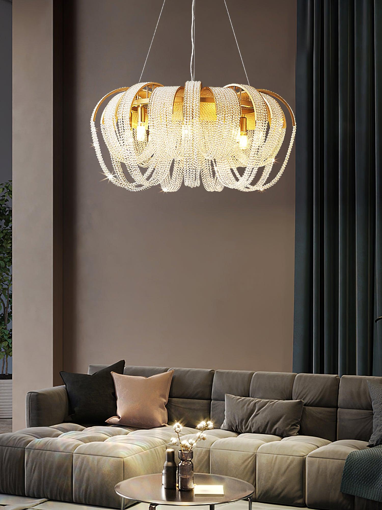 Lustra Lustre Maille Cristal Doré Cascade Scintillante