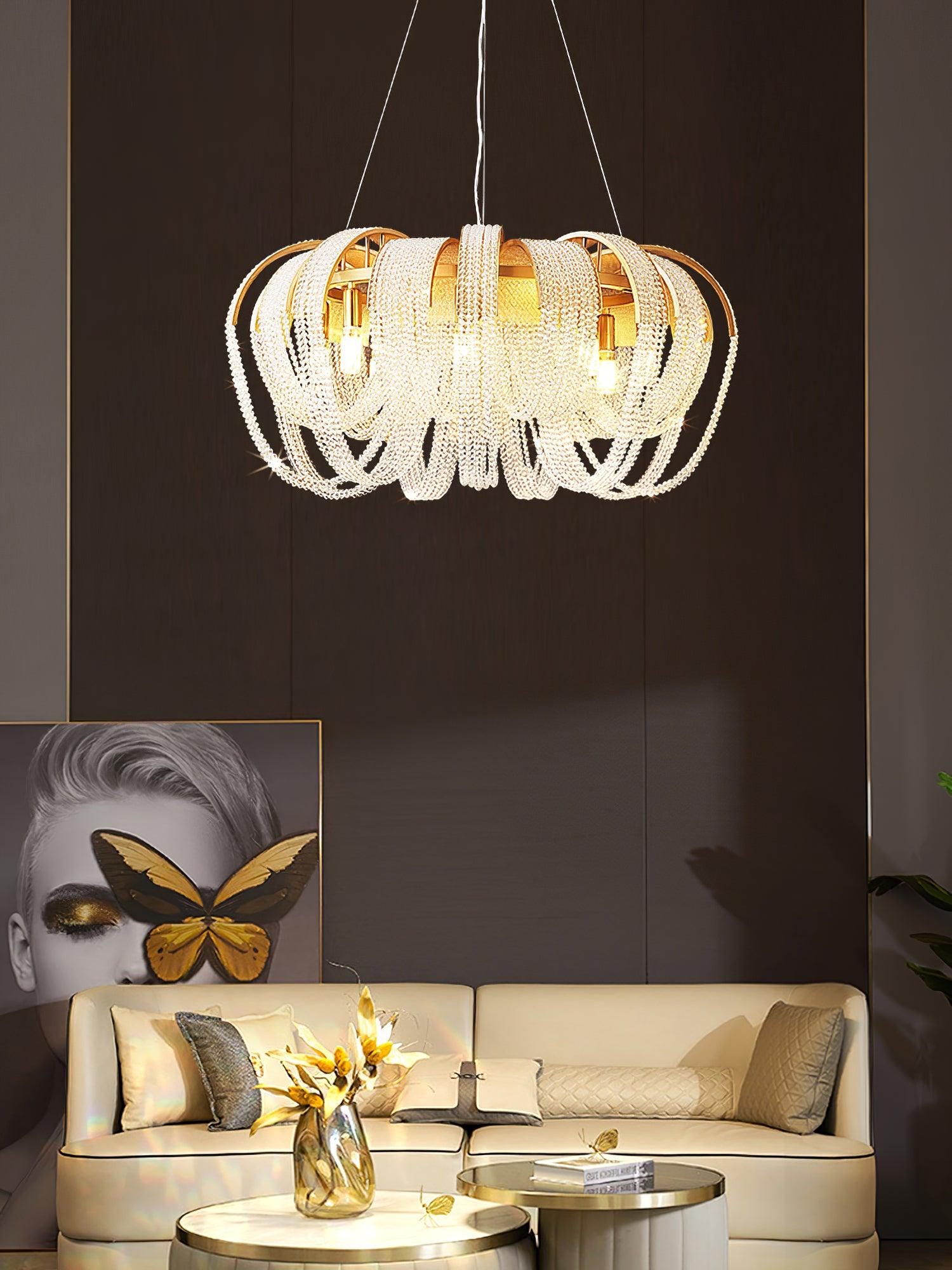 Lustra Lustre Maille Cristal Doré Cascade Scintillante