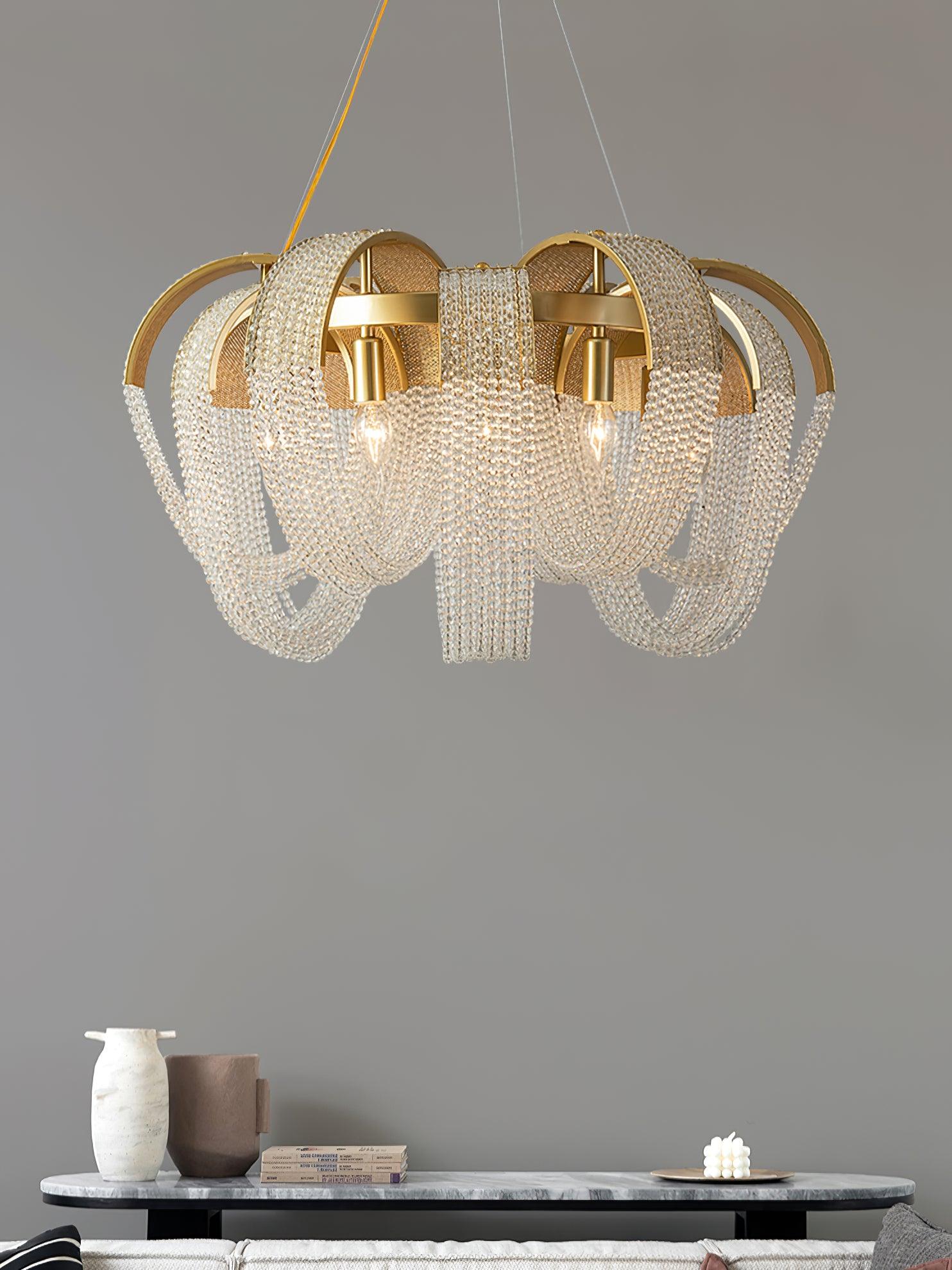 Lustra Lustre Maille Cristal Doré Cascade Scintillante