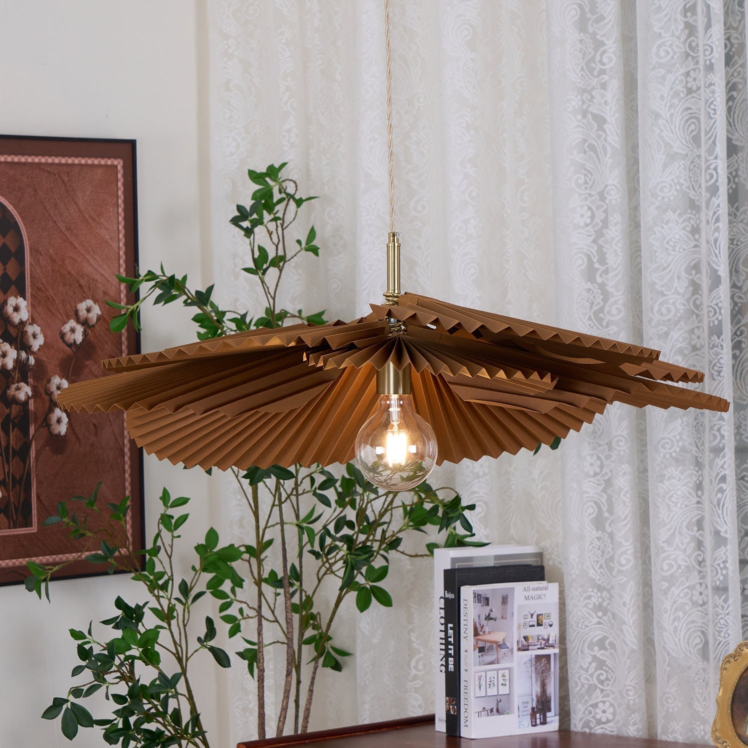 Pendant Lampe Avec Abat-jour Pétale en Papier Kraft Plissé Ambiance Chaleureuse