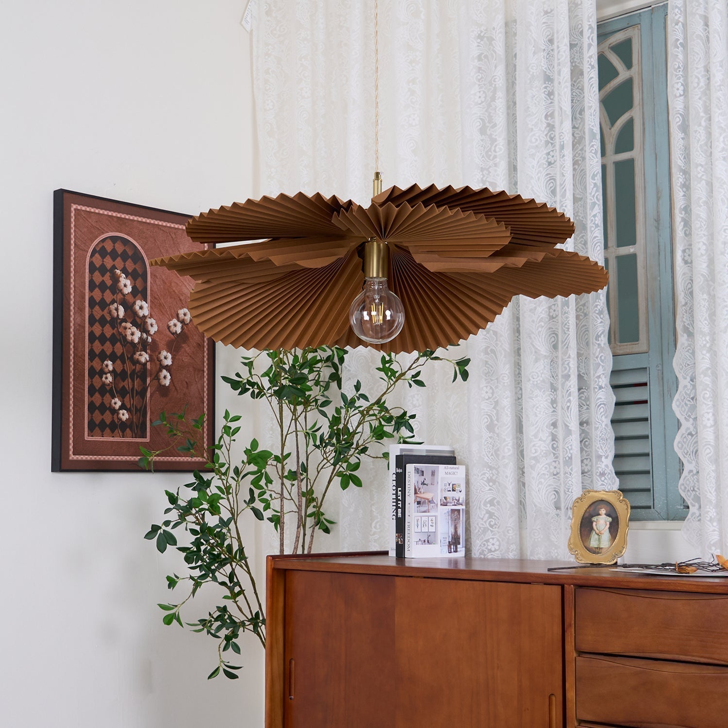 Pendant Lampe Avec Abat-jour Pétale en Papier Kraft Plissé Ambiance Chaleureuse