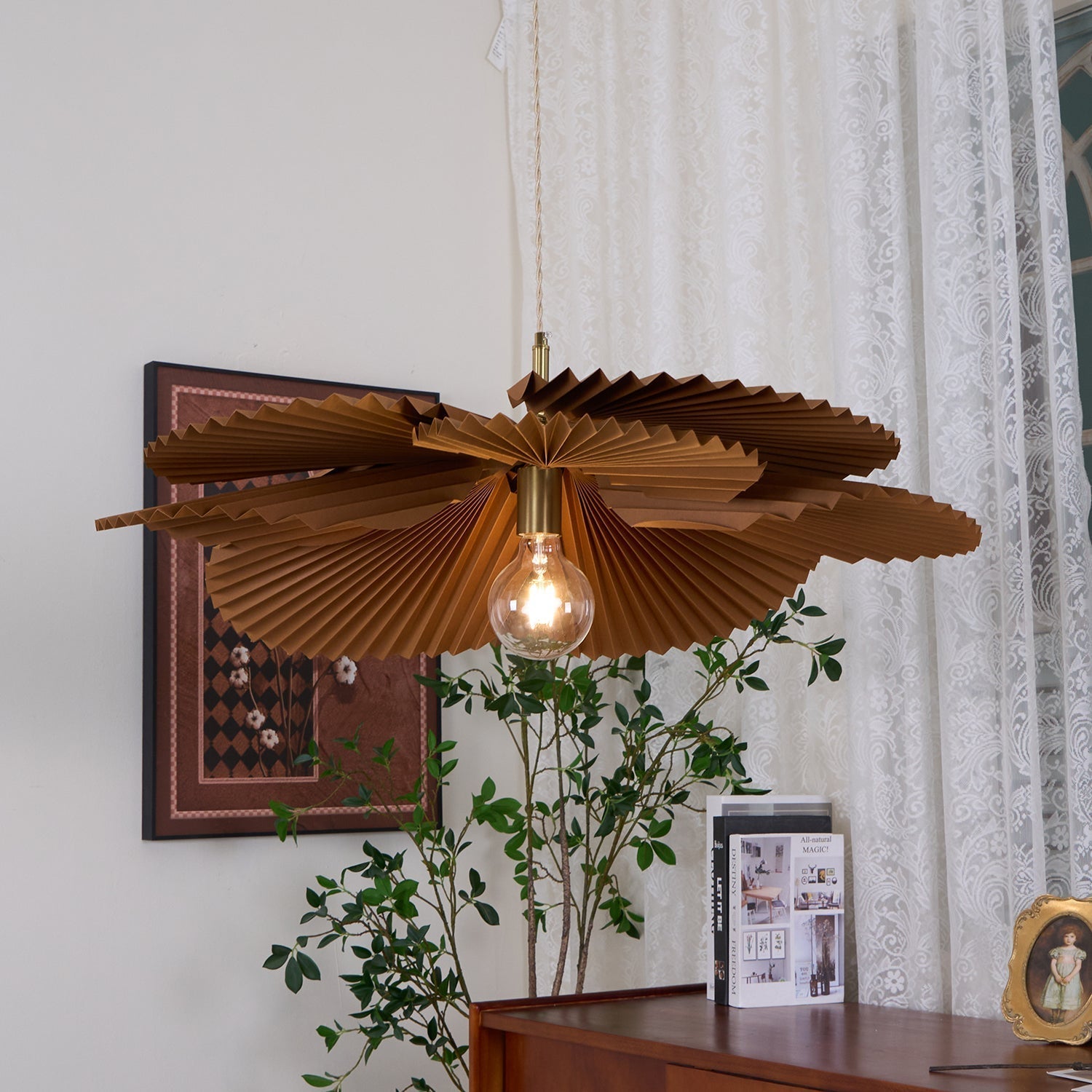 Pendant Lampe Avec Abat-jour Pétale en Papier Kraft Plissé Ambiance Chaleureuse