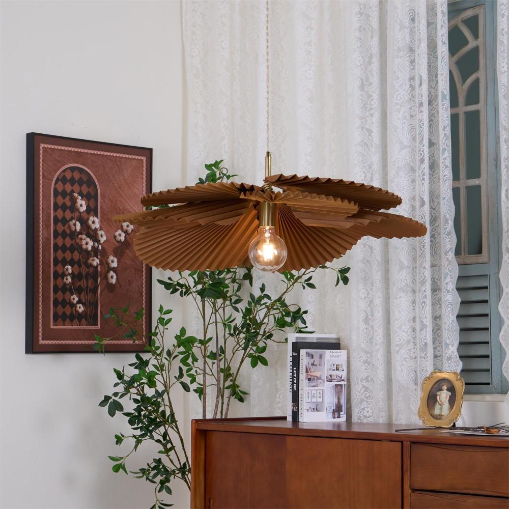 Pendant Lampe Avec Abat-jour Pétale en Papier Kraft Plissé Ambiance Chaleureuse