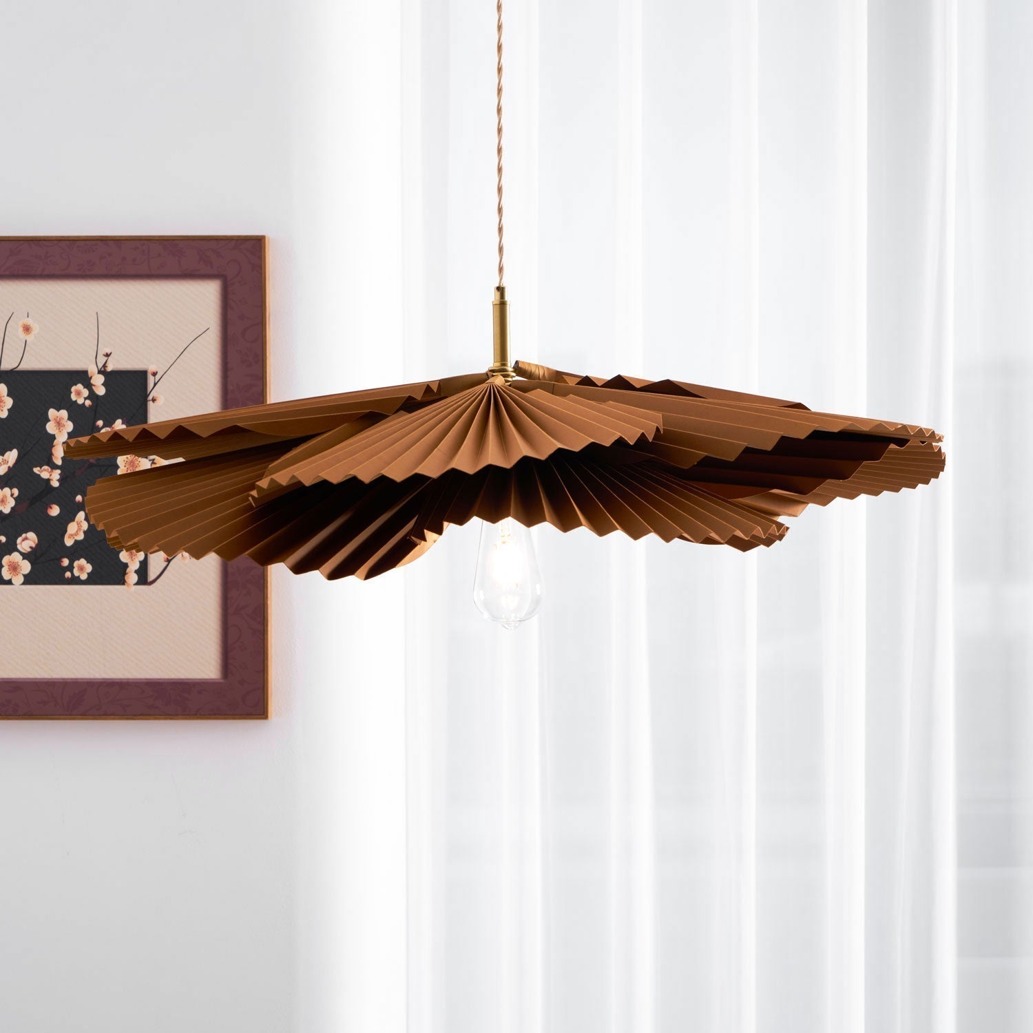 Pendant Lampe Avec Abat-jour Pétale en Papier Kraft Plissé Ambiance Chaleureuse