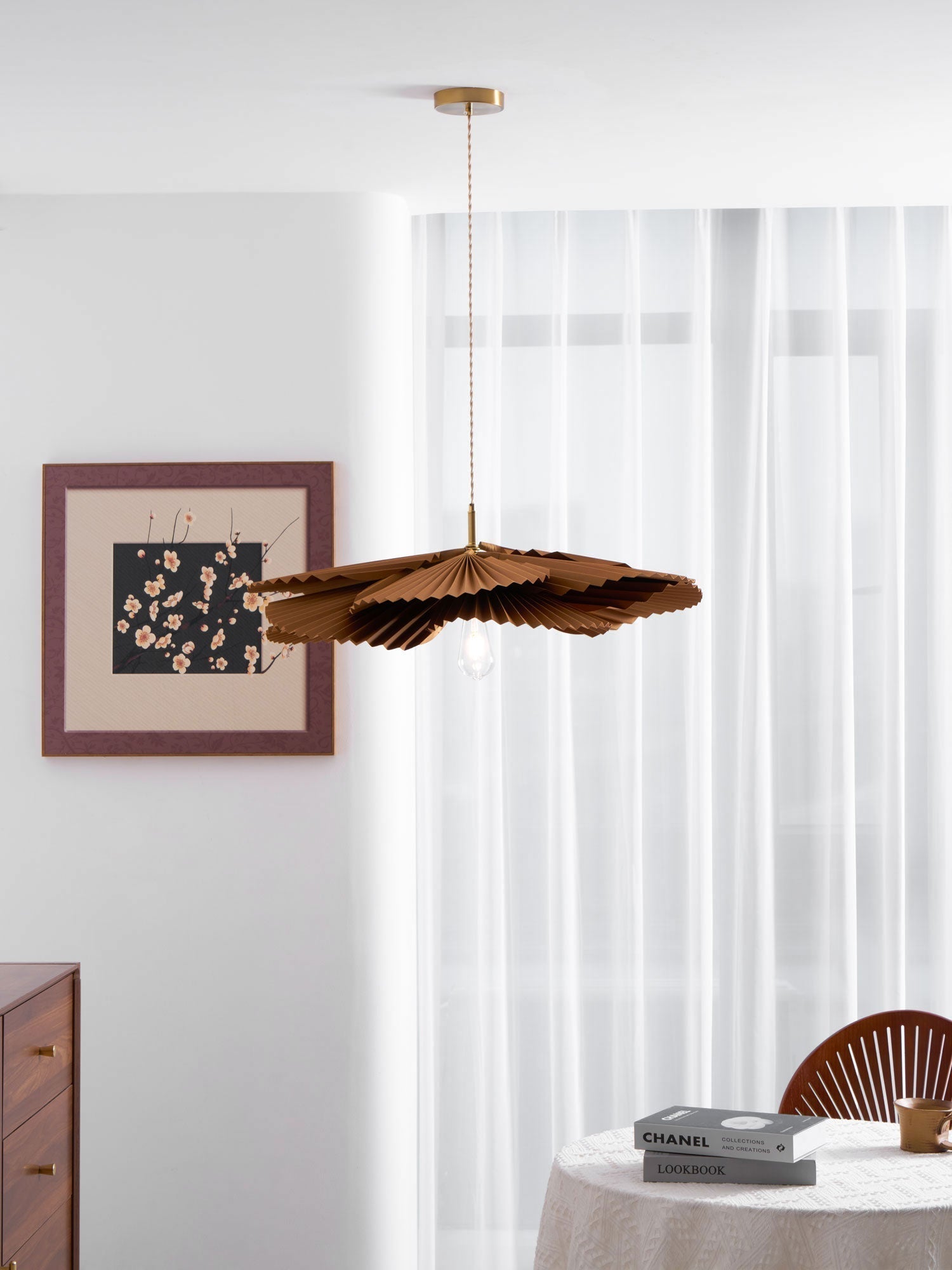 Pendant Lampe Avec Abat-jour Pétale en Papier Kraft Plissé Ambiance Chaleureuse