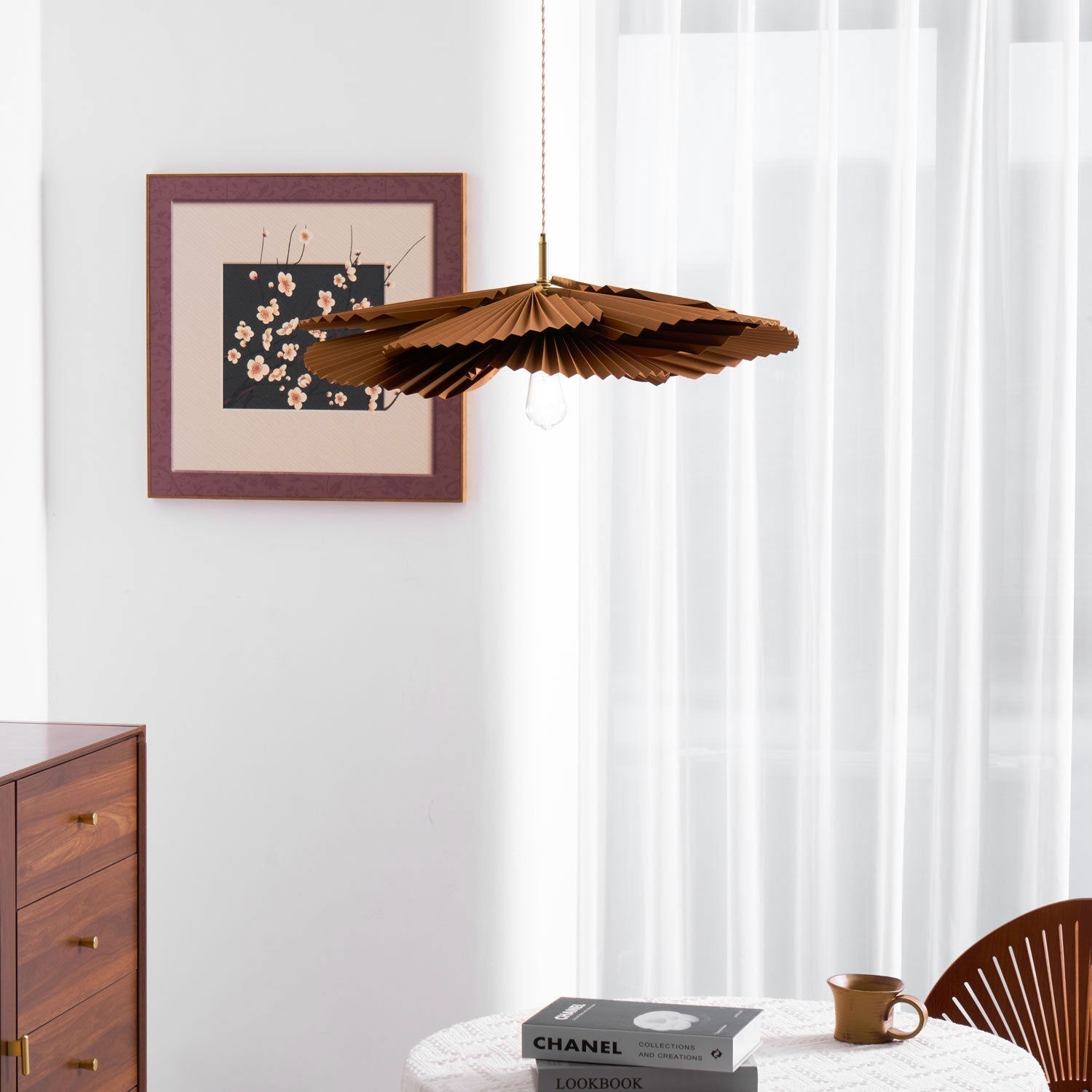 Pendant Lampe Avec Abat-jour Pétale en Papier Kraft Plissé Ambiance Chaleureuse
