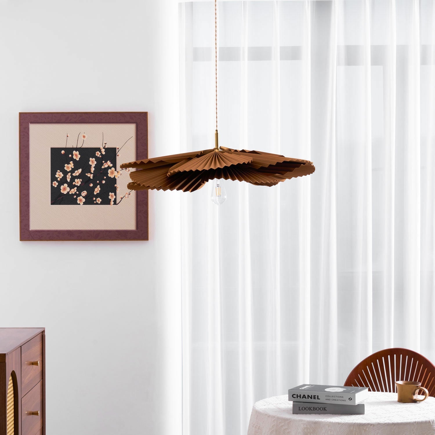 Pendant Lampe Avec Abat-jour Pétale en Papier Kraft Plissé Ambiance Chaleureuse