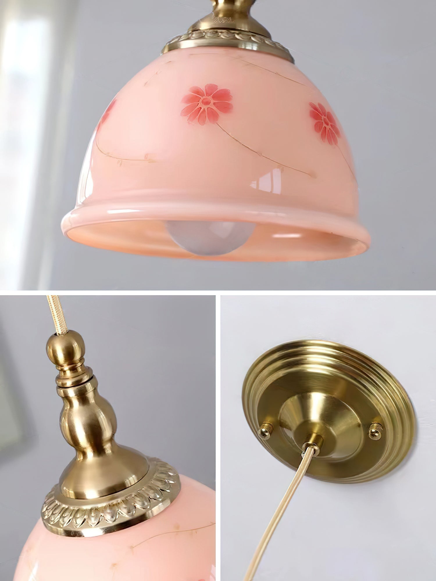 Suspension Laiton Verre Floral Modèle Dôme Ombre Ancien