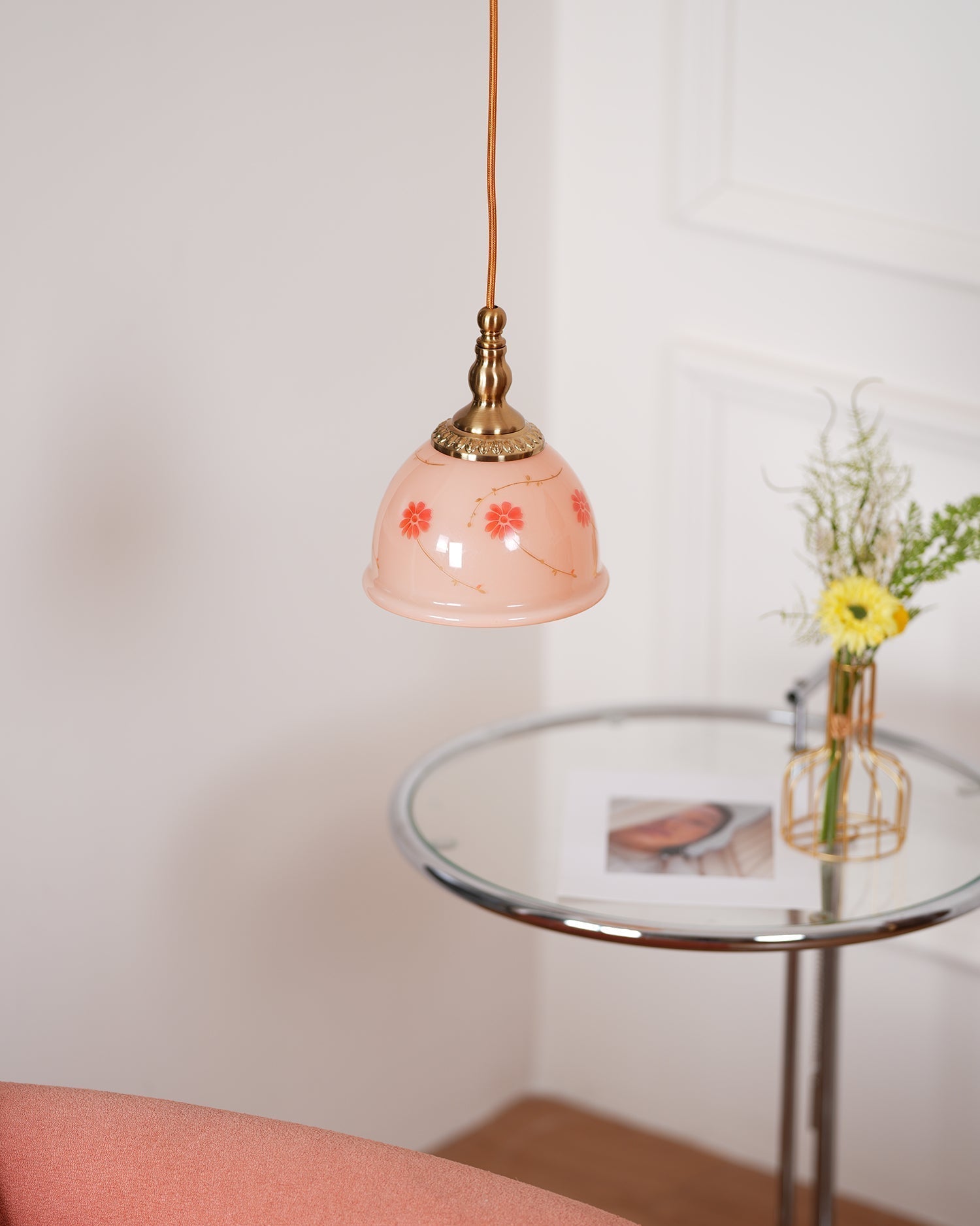 Suspension Laiton Verre Floral Modèle Dôme Ombre Ancien