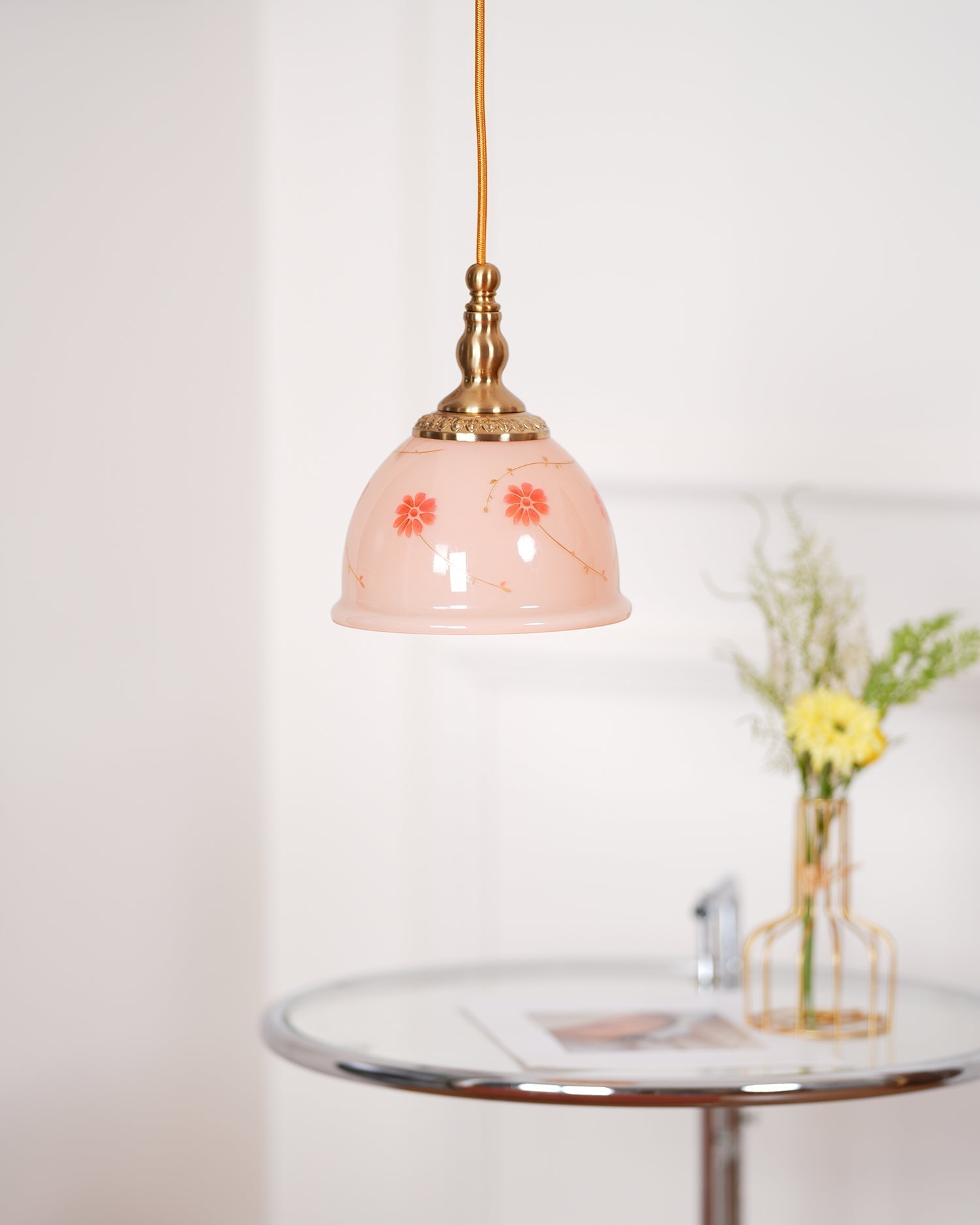 Suspension Laiton Verre Floral Modèle Dôme Ombre Ancien
