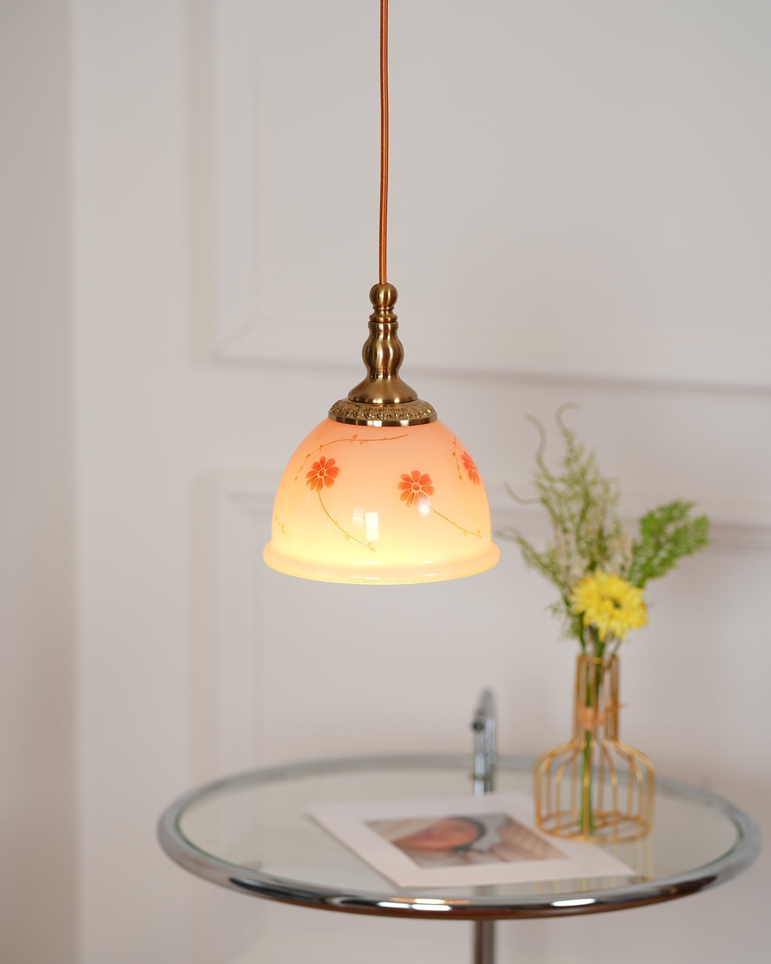 Suspension Laiton Verre Floral Modèle Dôme Ombre Ancien