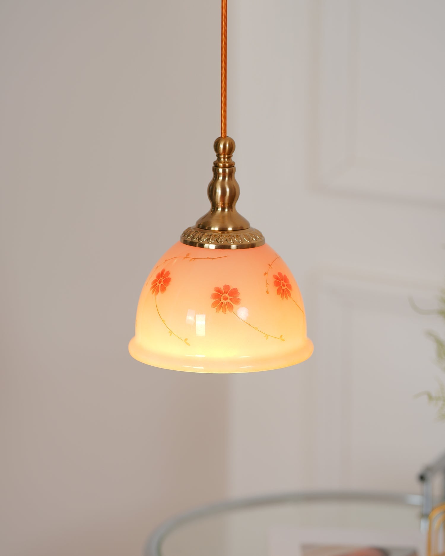 Suspension Laiton Verre Floral Modèle Dôme Ombre Ancien