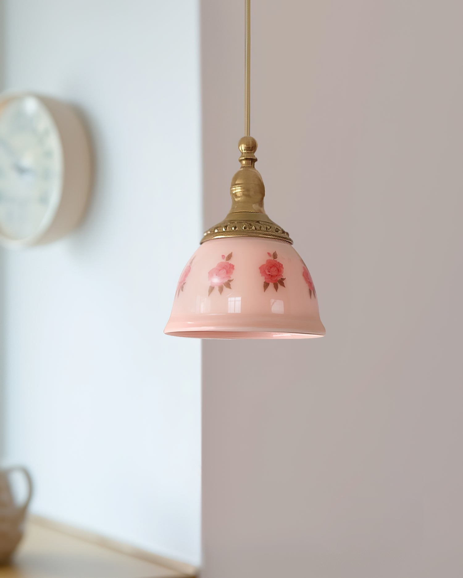 Suspension Laiton Verre Floral Modèle Dôme Ombre Ancien