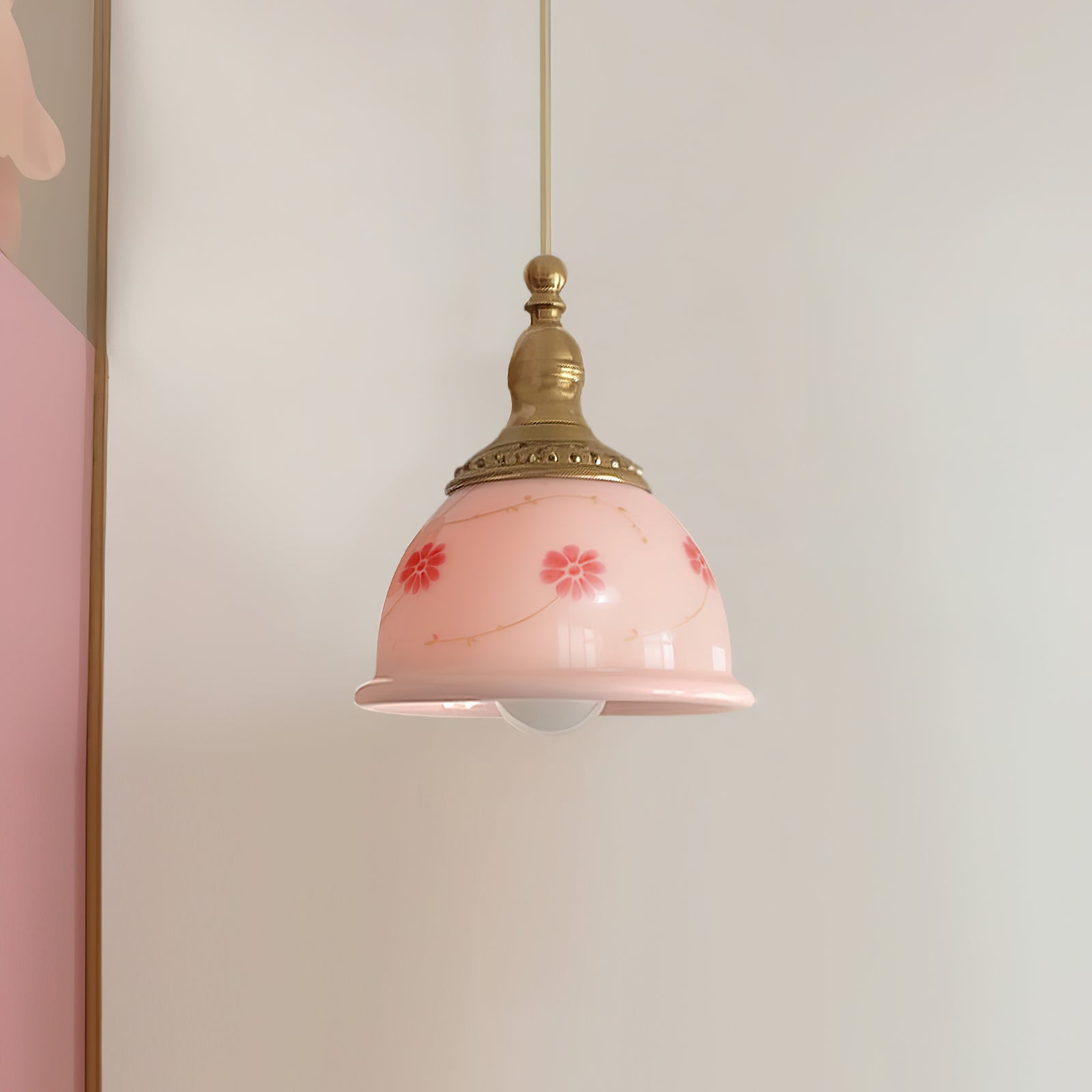 Suspension Laiton Verre Floral Modèle Dôme Ombre Ancien