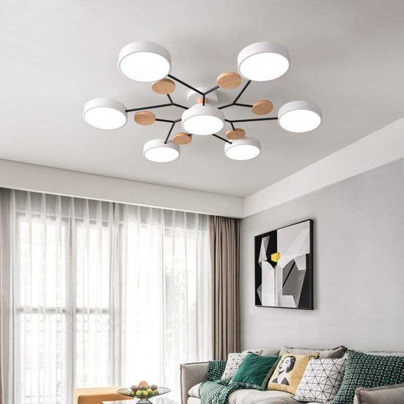 Arisha Plafonnier Rond Moderne, Métal/Bois, Blanc/Vert/Gris, Salon