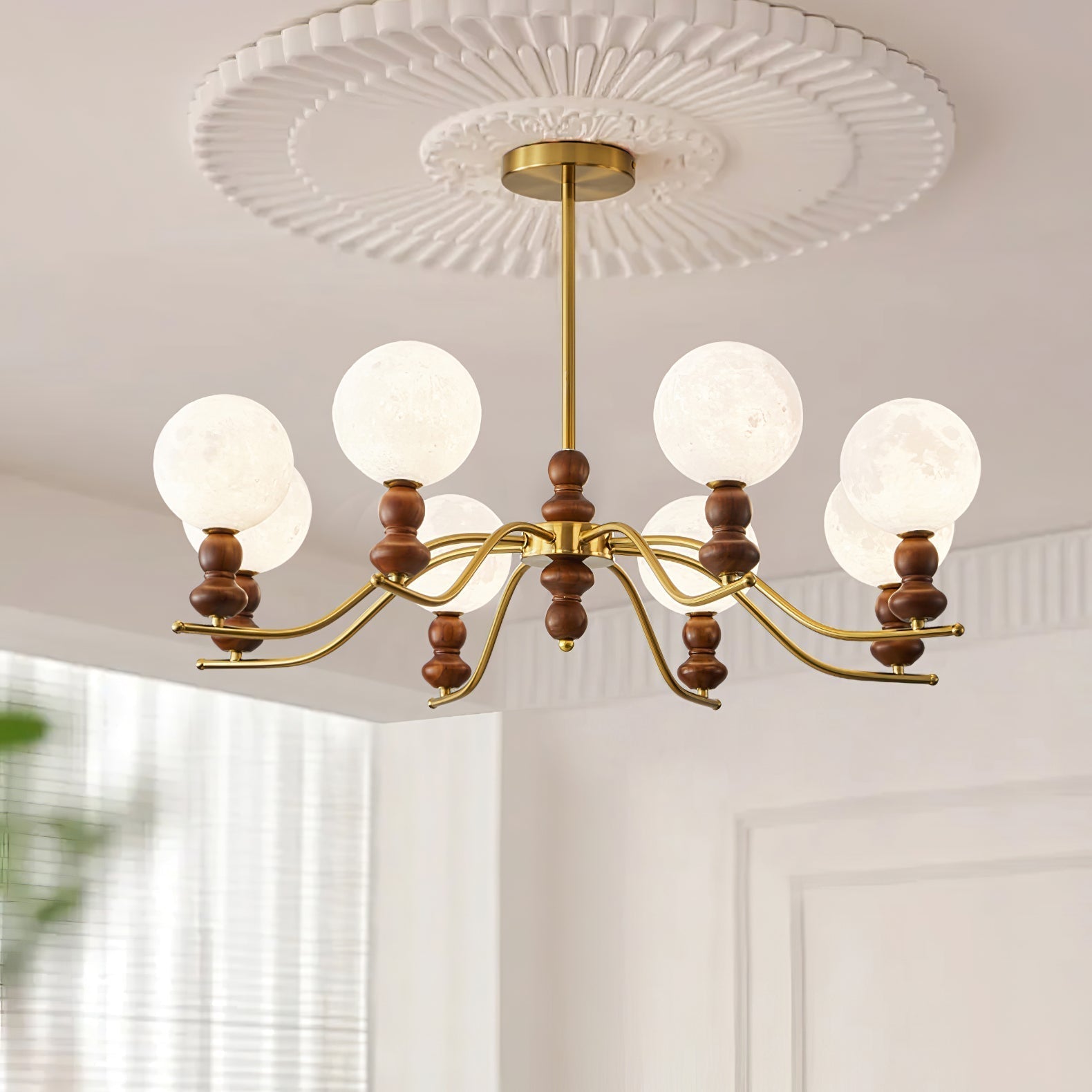 Virelle Lustre Lustra Laiton Bois Globe de Lune Élégant
