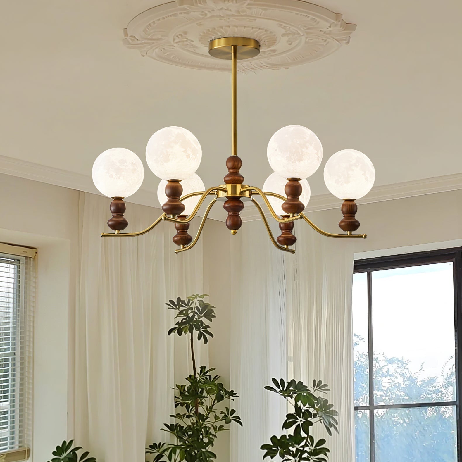 Virelle Lustre Lustra Laiton Bois Globe de Lune Élégant